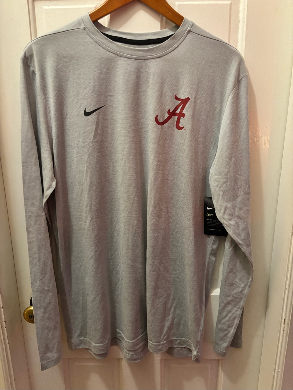 Nike Long-Sleeve Crew Tee with Crimson Alabama 'A' Logo - Light Gray
